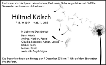 Traueranzeige von Hiltrud Kölsch von vrm-trauer