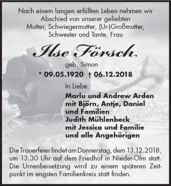 Traueranzeige von Ilse Försch von vrm-trauer