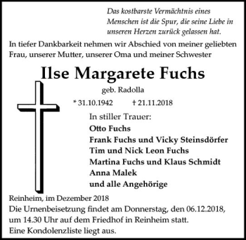Traueranzeige von Ilse Margarete Fuchs von vrm-trauer