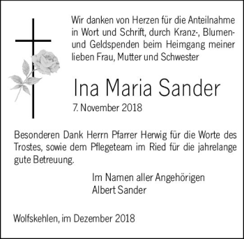 Traueranzeige von Ina Maria Sander von vrm-trauer