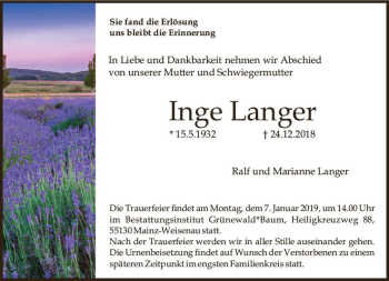 Traueranzeige von Inge Langer von vrm-trauer