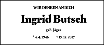 Traueranzeige von Ingrid Butsch von vrm-trauer
