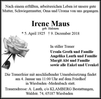 Traueranzeige von Irene Maus von vrm-trauer