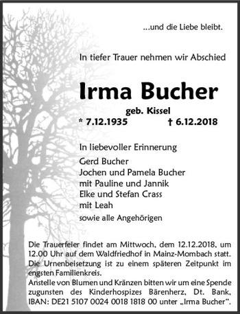Traueranzeige von Irma Bucher von vrm-trauer
