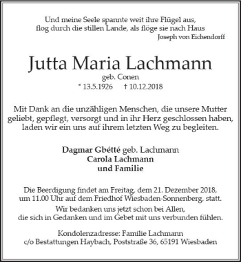 Traueranzeige von Jutta Maria Lachmann von vrm-trauer
