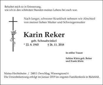 Traueranzeige von Karin Reker von vrm-trauer