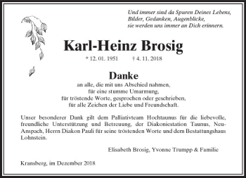 Traueranzeige von Karl-Heinz Brosig von  Usinger Anzeiger