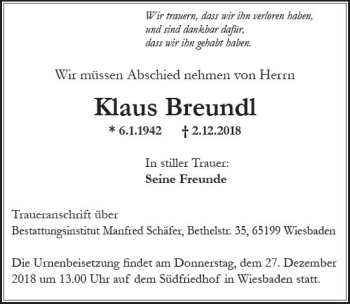 Traueranzeige von Klaus Breundl von vrm-trauer