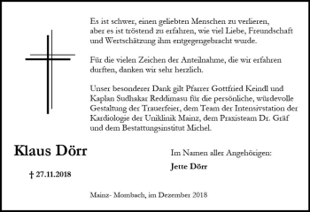 Traueranzeige von Klaus Dörr von vrm-trauer