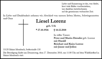 Traueranzeige von Liesel Lorenz von vrm-trauer