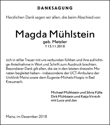 Traueranzeige von Magda Mühlstein von vrm-trauer