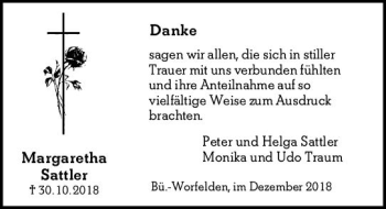 Traueranzeige von Margaretha Sattler von vrm-trauer