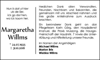 Traueranzeige von Margaretha Willms von  HA - Hinterländer Anzeiger ()