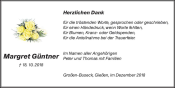 Traueranzeige von Margret Günter von  Gießener Anzeiger