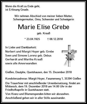 Traueranzeige von Marie Elise Grebe von  HA - Hinterländer Anzeiger ()