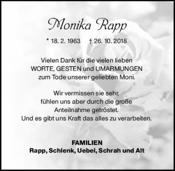 Traueranzeige von Monika Rapp von vrm-trauer