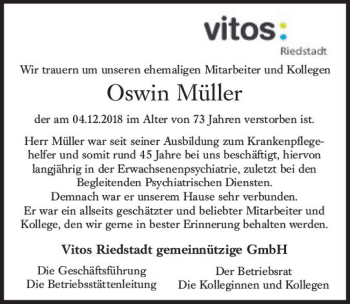 Traueranzeige von Oswin Müller von vrm-trauer