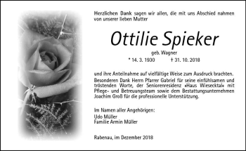 Traueranzeige von Ottilie Spieker von  Gießener Anzeiger