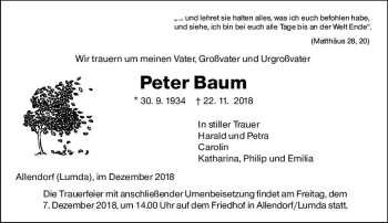 Traueranzeige von Peter Baum von  Gießener Anzeiger