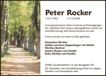 Traueranzeige von Peter Rocker von vrm-trauer
