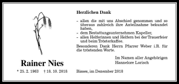 Traueranzeige von Rainer Nies von  Kreisanzeiger