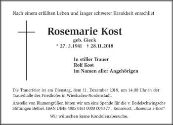 Traueranzeige von Rosemarie Kost von vrm-trauer