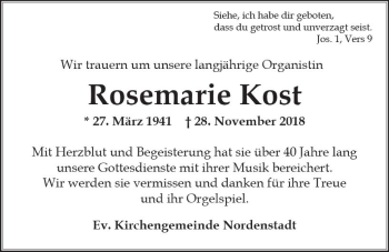 Traueranzeige von Rosemarie Kost von vrm-trauer