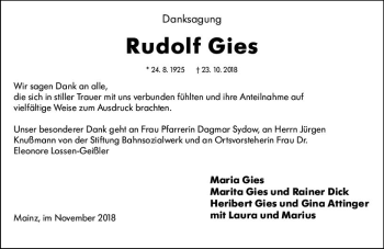 Traueranzeige von Rudolf Gies von vrm-trauer