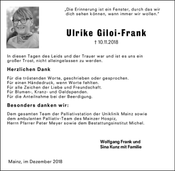 Traueranzeige von Ulrike Giloi-Frank von vrm-trauer