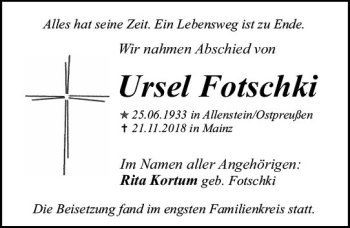 Traueranzeige von Ursula Fotschki von vrm-trauer