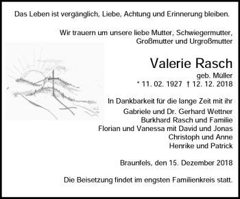 Traueranzeige von Valerie Rasch von  WNZ - Wetzlarer Neue Zeitung ()