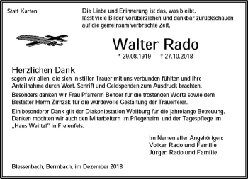 Traueranzeige von Walter Rado von  WT - Weilburger Tageblatt ()