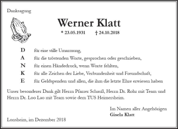 Traueranzeige von Werner Klatt von vrm-trauer