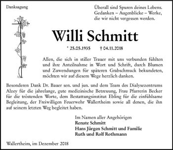 Traueranzeige von Willi Schmitt von vrm-trauer