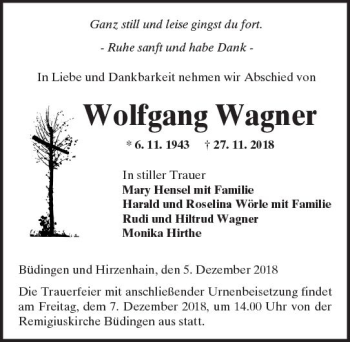 Traueranzeige von Wolfgang Wagner von  Kreisanzeiger