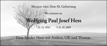 Traueranzeige von Wolfgang Paul Josef Hess von vrm-trauer