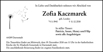 Traueranzeige von Zofia Kaczmarek von vrm-trauer