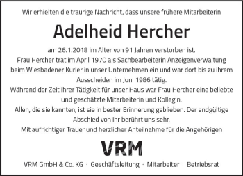 Traueranzeige von Adelheid Hercher von Trauerportal Rhein Main Presse