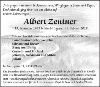 Traueranzeige von Albert Zentner von Trauerportal Rhein Main Presse