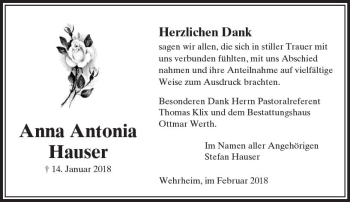 Traueranzeige von Anna Antonia Hauser von  Usinger Anzeiger