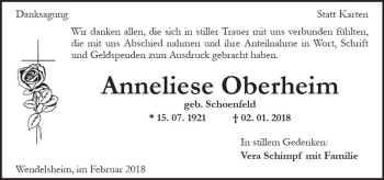 Traueranzeige von Anneliese Oberheim von Trauerportal Rhein Main Presse
