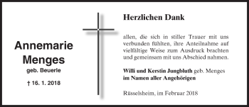 Traueranzeige von Annemarie Menges von Trauerportal Rhein Main Presse