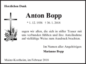 Traueranzeige von Anton Bopp von Trauerportal Rhein Main Presse