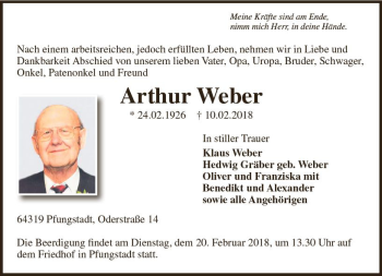Traueranzeige von Arthur Weber von Trauerportal Rhein Main Presse