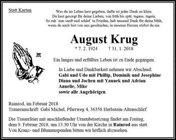 Traueranzeige von August Krug von VRM Trauer