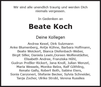Traueranzeige von Beate Koch von Trauerportal Rhein Main Presse