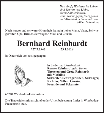 Traueranzeige von Bernhardt Reinhardt von Trauerportal Rhein Main Presse