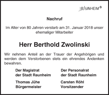 Traueranzeige von Berthold Zwolinski von Trauerportal Rhein Main Presse
