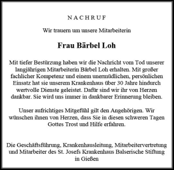 Traueranzeige von Bärbel Loh von  Gießener Anzeiger