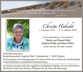 Traueranzeige von Christa Habicht von VRM Trauer